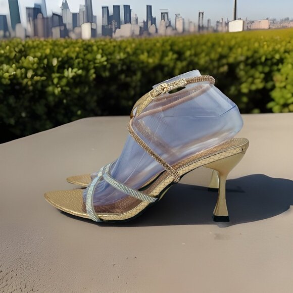 Heels Womens Size 10 Sandals Strappy Rhinestones Metallic Ankle Strap Cute Shiny - Picture 2 of 13